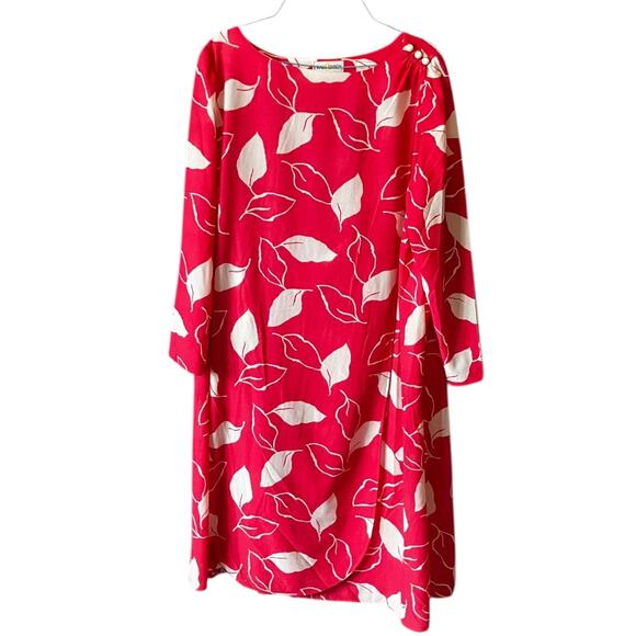 Vintage Craig Byron NY Pink Leaf Print Silky Midi Dress w/ Button Shoulder M - Picture 1 of 8